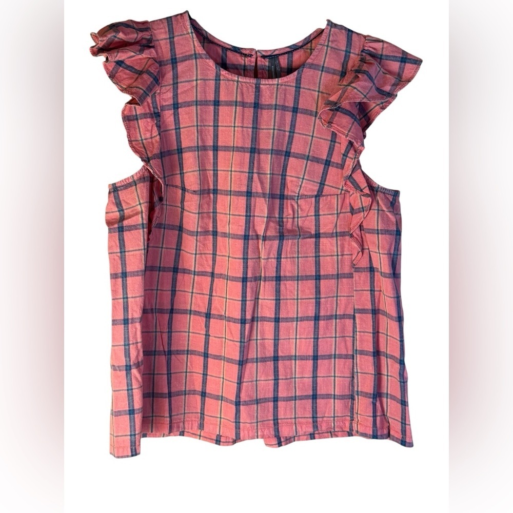 Anthropologie Amarette Coral Plaid Ruffled Pinafore Cotton Sleeveless Top Large - Picture 2 of 7